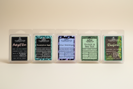 Five spring scented soy wax melts by Farmhouse Charm Candles on a neutral background.