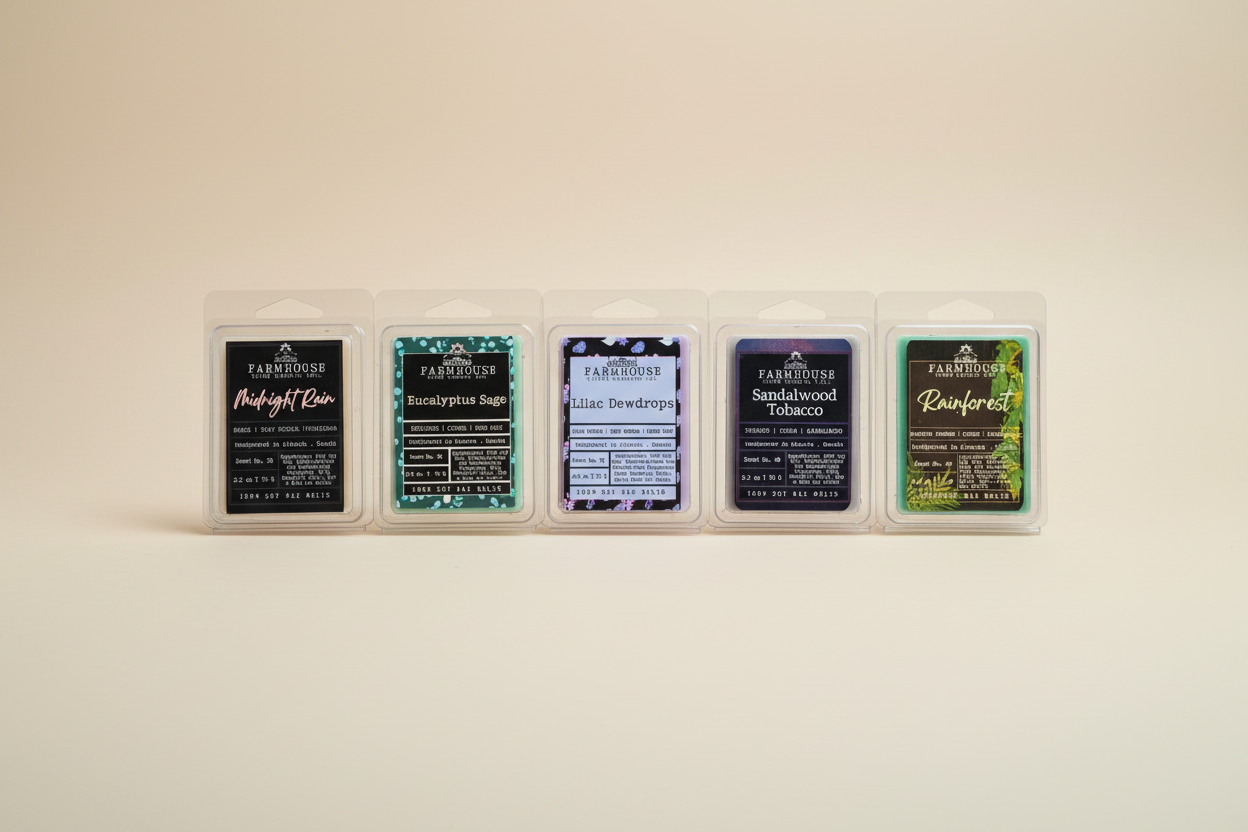 Collection of Farmhouse Charm Candles Spring Soy Wax Melts on a textured surface