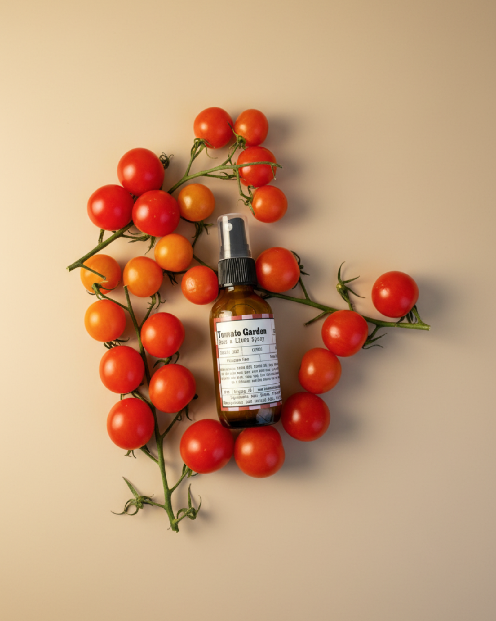 Bottle of Tomato Garden room and linen spray by Farmhouse Charm Candles surrounded by  cherry tomatoes on vines