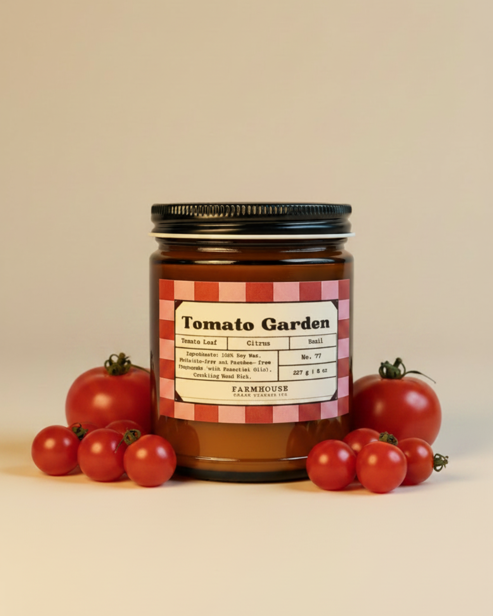 Jar labeled 'Tomato Garden' by Farmhouse Charm Candles with tomatoes on a beige background