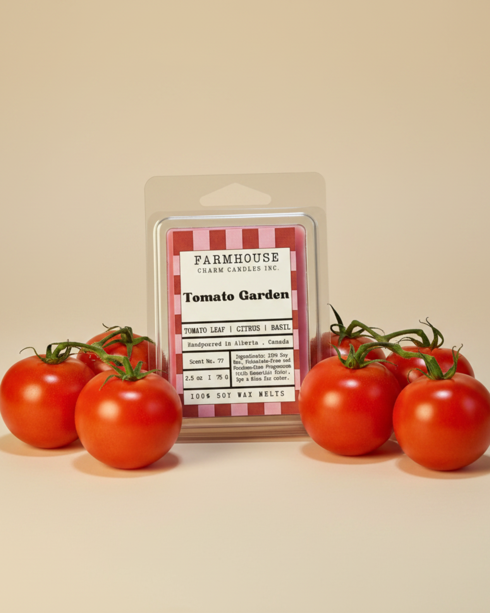Farmhouse Charm Candles - Tomato Garden soy wax melts package surrounded by red tomatoes