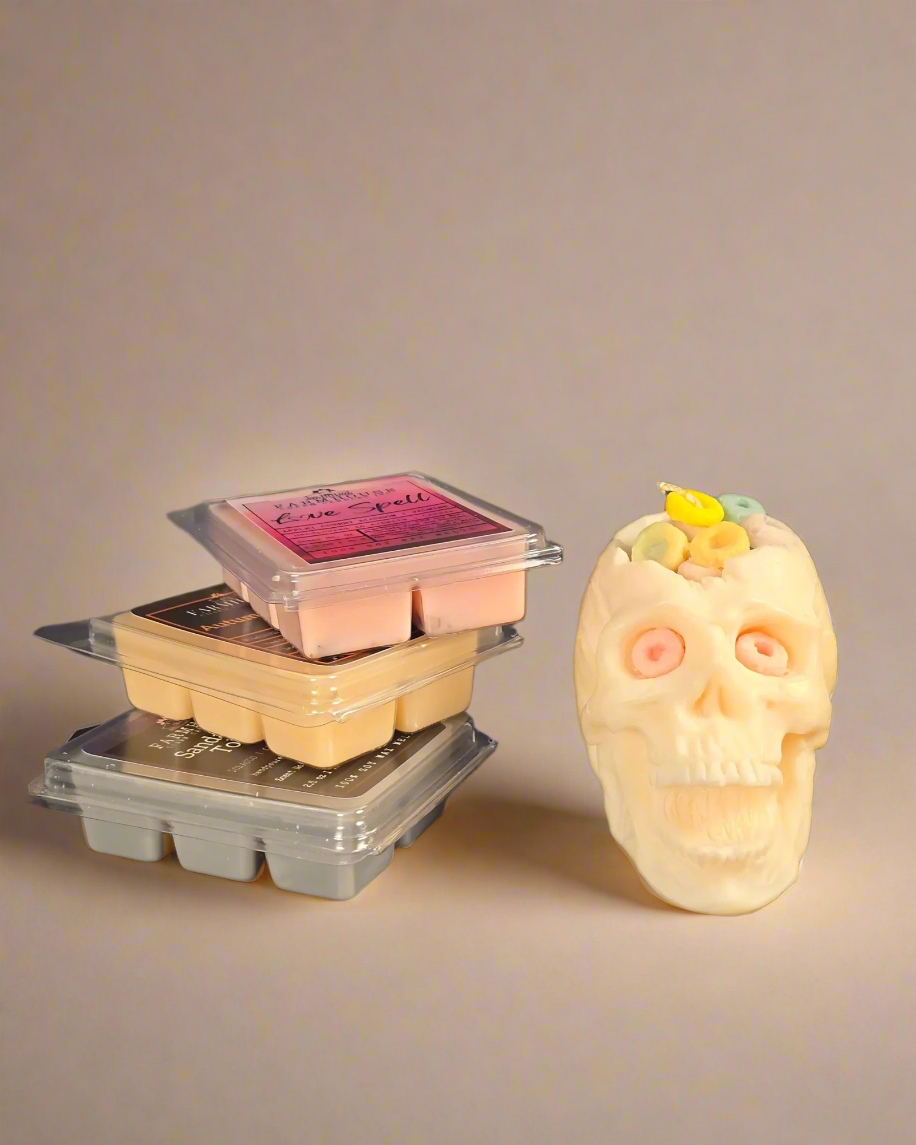 Cereal Killer Skull Candle with soy wax melts in Love Spell, Autumn Harvest, and Sandalwood Tobacco – spooky Halloween candle bundle by Farmhouse Charm Candles