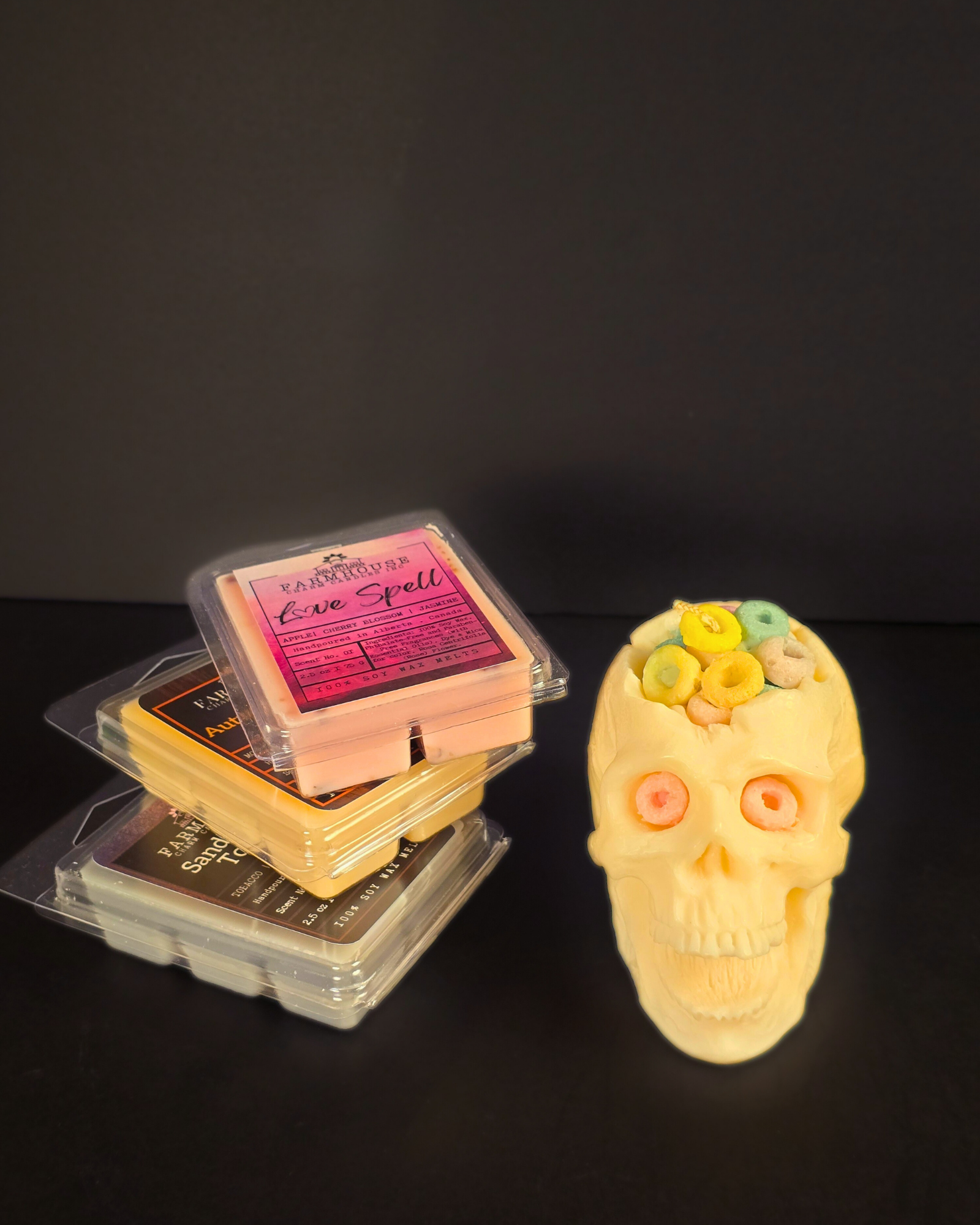Cereal Killer Skull Candle with soy wax melts in Love Spell, Autumn Harvest, and Sandalwood Tobacco – spooky Halloween candle bundle by Farmhouse Charm Candles