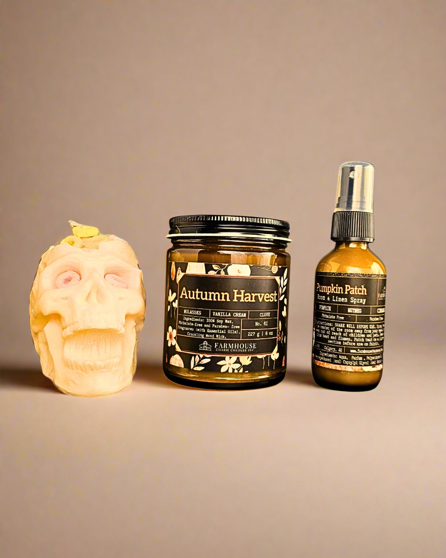 Trick or Treat Bundle with skull candle, autumn harvest candle, and pumpkin patch room spray – Halloween limited edition set
