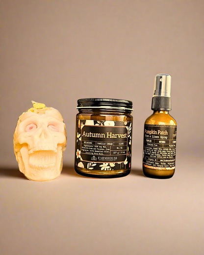 Trick or Treat Bundle with skull candle, autumn harvest candle, and pumpkin patch room spray – Halloween limited edition set