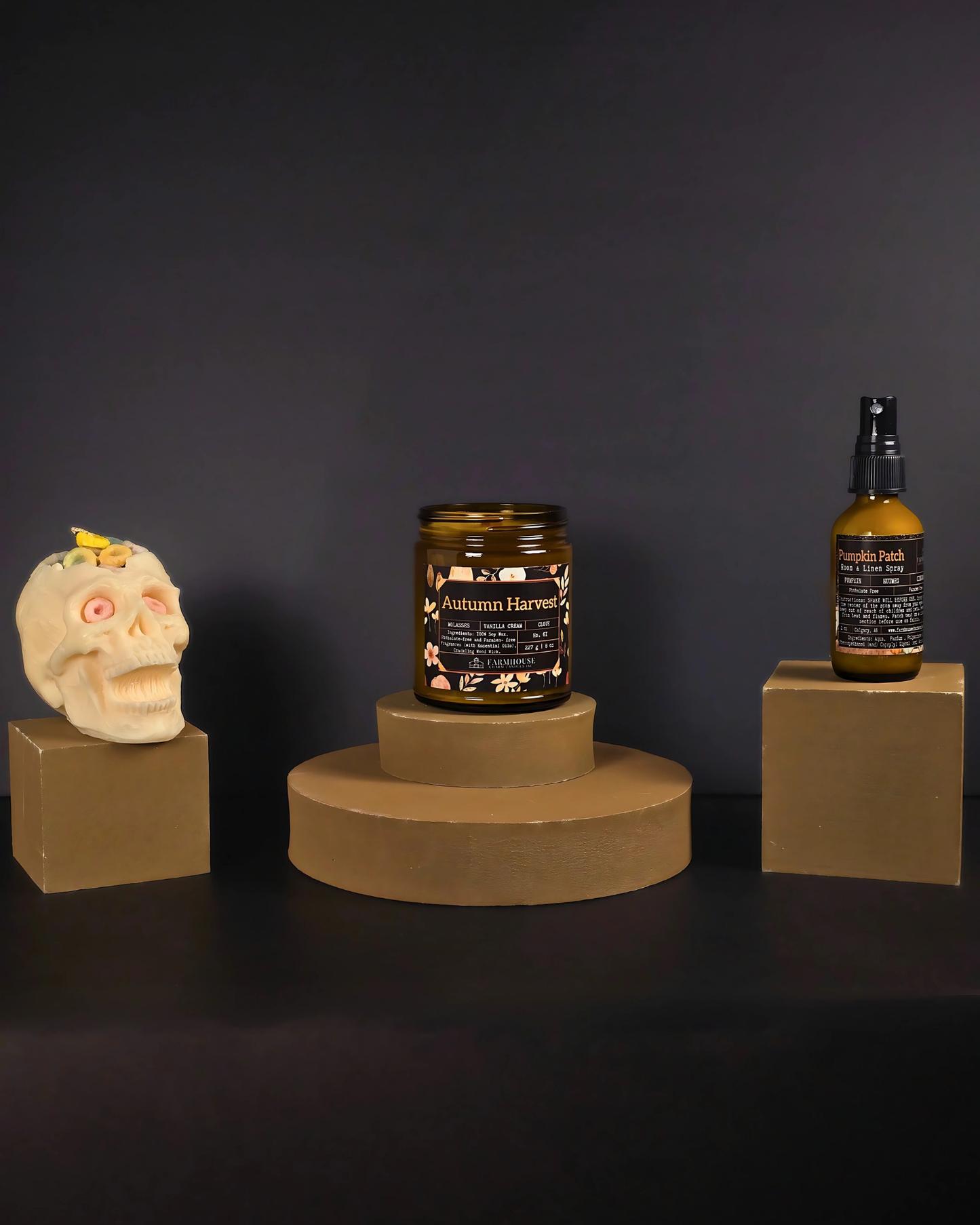Trick or Treat Bundle with skull candle, autumn harvest candle, and pumpkin patch room spray – Halloween limited edition set