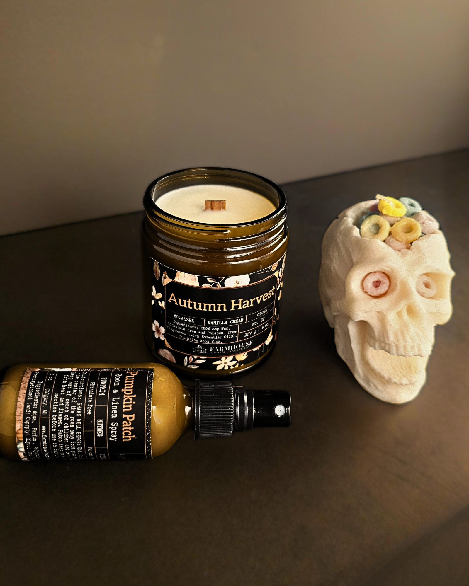 Trick or Treat Bundle with skull candle, autumn harvest candle, and pumpkin patch room spray – Halloween limited edition set