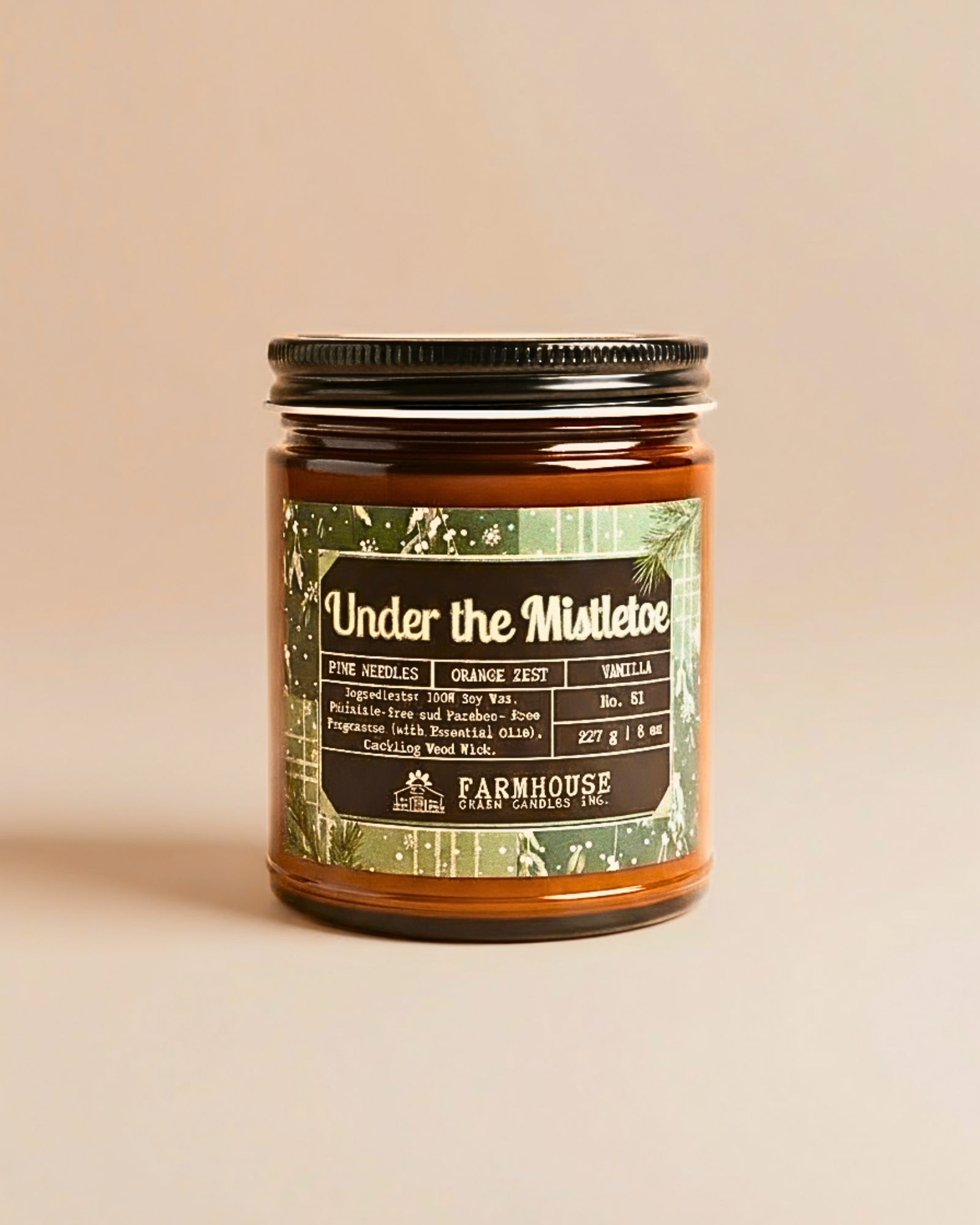 Jar of candle labeled 'Under the Mistletoe' by Farmhouse Charm Candles on a beige background