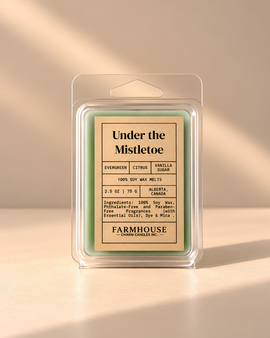 A packaged soy wax melt in a clear plastic clamshell package with a beige label reading 'Under the Mistletoe' by Farmhouse Charm Candles on a warm beige background with soft sunlight and shadows.