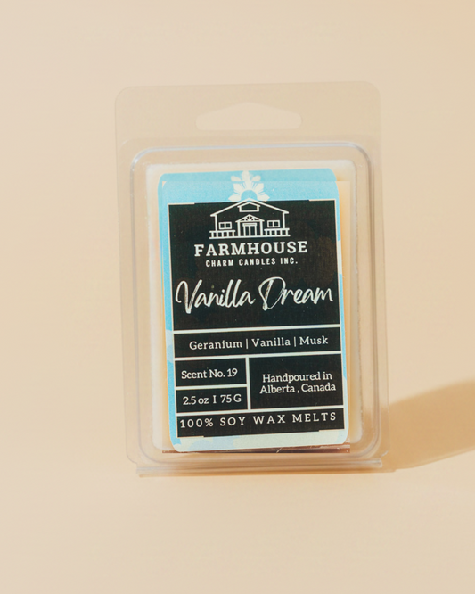 Farmhouse Candle Candles Ins.  vanilla dream wax melt packaging on a beige background