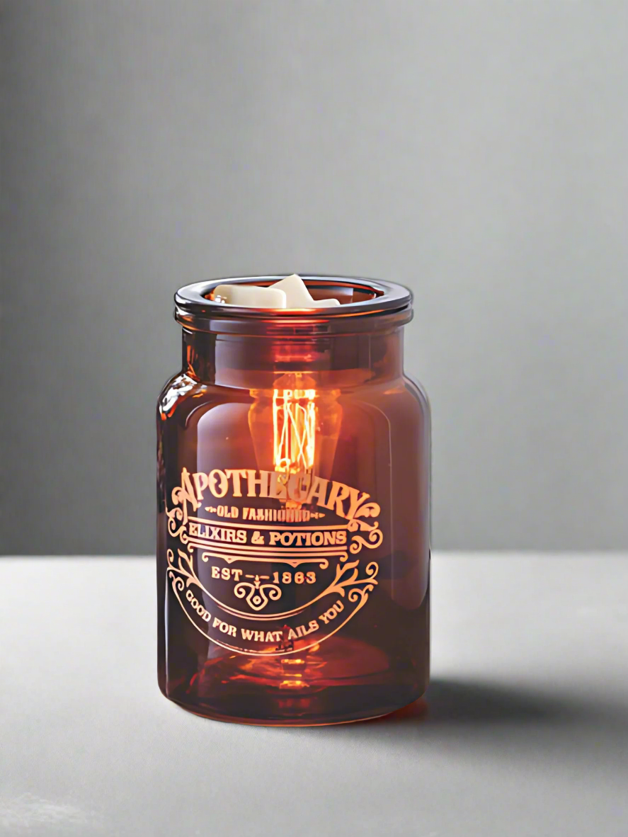 Amber glass Apothecary tart warmer with vintage Edison-style bulb, designed to melt wax safely while creating a cozy dark academia glow, perfect for farmhouse, modern, or traditional decor. www.farmhousecharmcandles.com