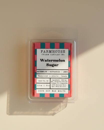 Farmhouse Charm Candles Watermelon Sugar soy wax melt package on a beige background