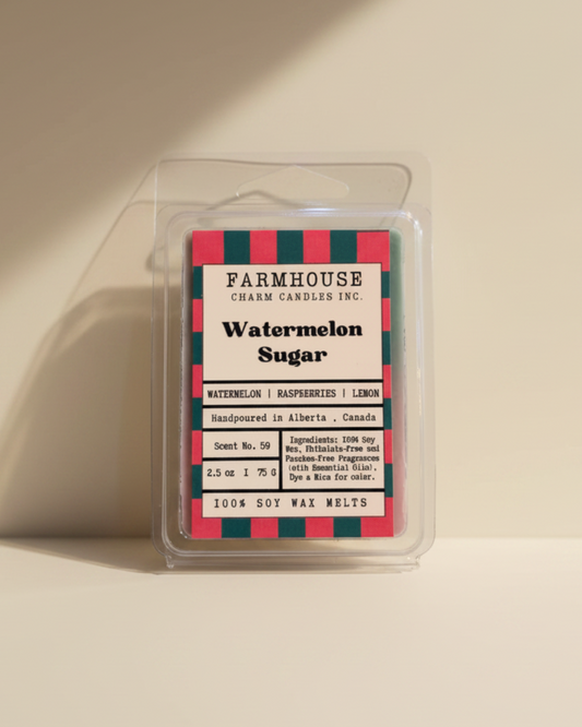 Farmhouse Charm Candles Watermelon Sugar wax melt packaging on a white background