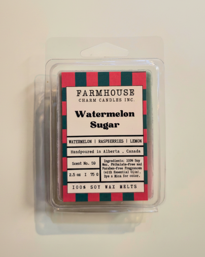 Farmhouse Charm Candles Watermelon Sugar wax melt packaging on a beige background