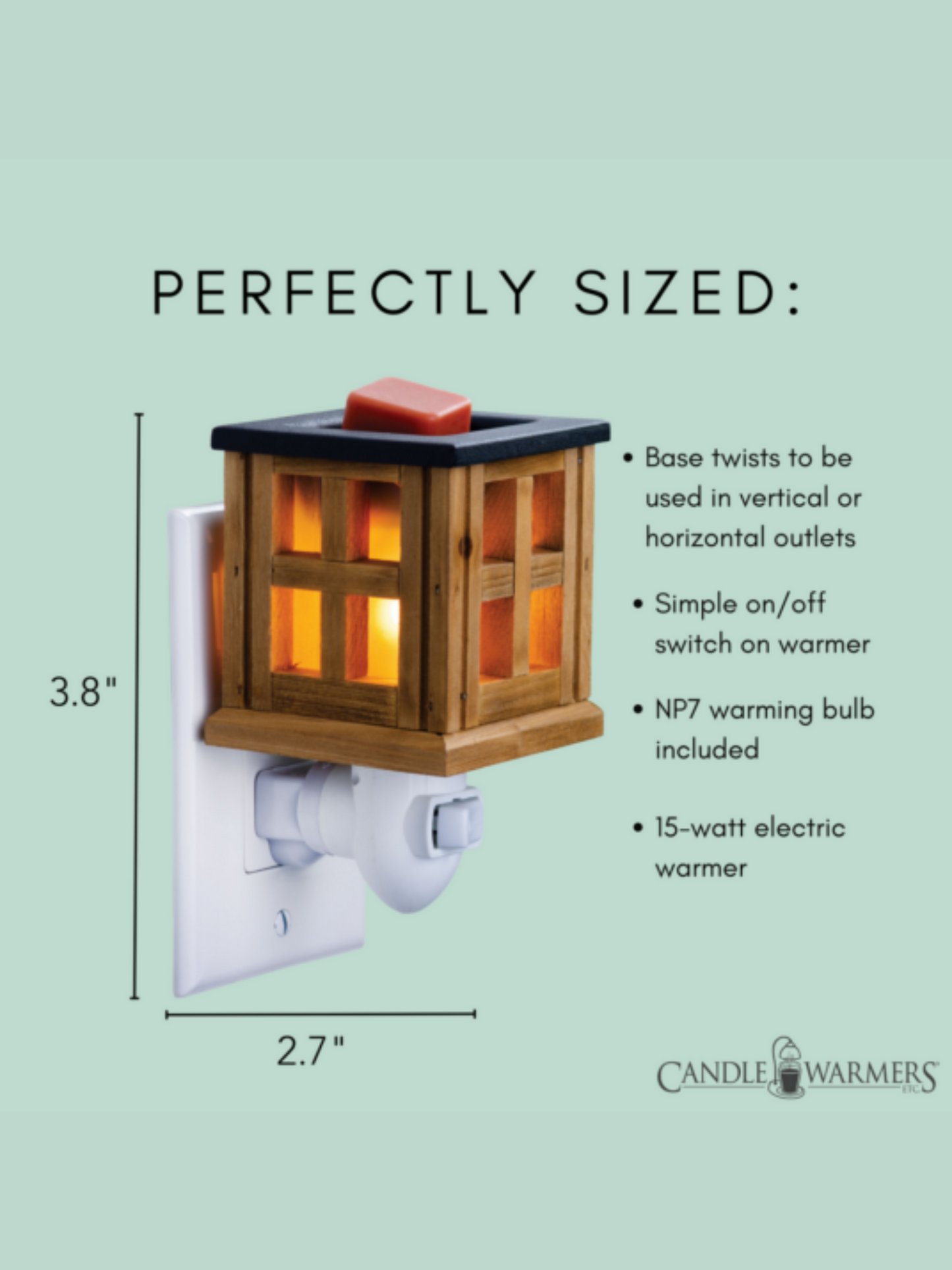 Wood Lantern Pluggable Fragrance Warmer with a warm brown finish and classic lantern design, featuring a rotating plug base for vertical and horizontal outlets. Includes NP7 warming bulb and 1-year warranty.