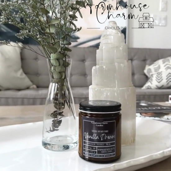 Experience the luxurious aroma of Vanilla Dream- Farmhouse Charm Soy Candle. Step up your candle game with this unique vanilla fragrance that will not disappoint. Indulge in a dreamy and lavish scent that awakens your senses with a blend of toasted vanilla, sweet geranium florals, and a touch of musk.  size: 8 oz (227 g)  The candle is hand poured with love in Alberta, Canada. It has an approximate burn time of 50 hours.