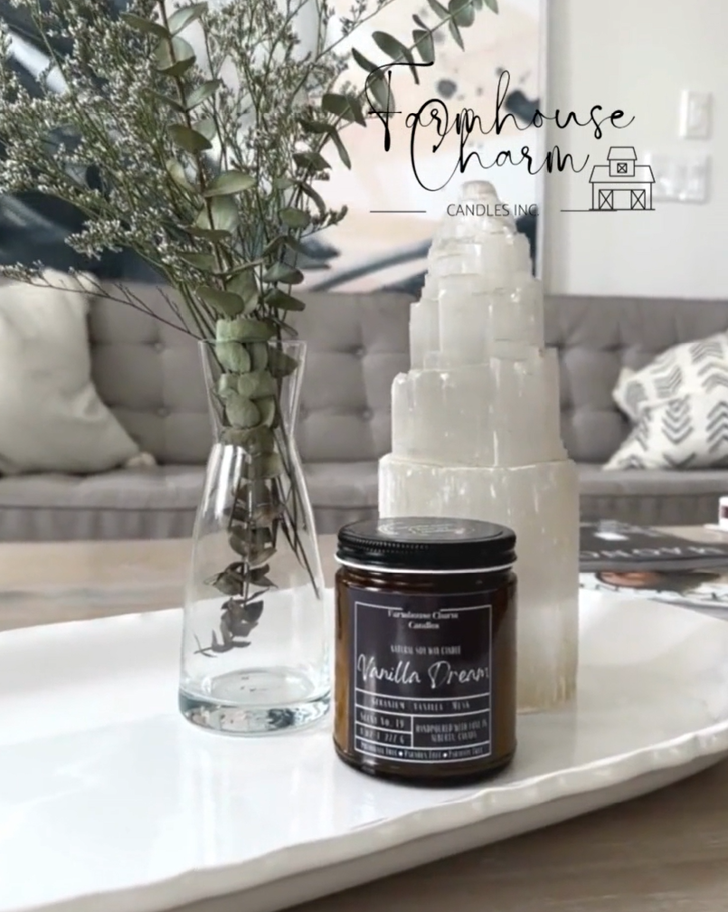 Experience the luxurious aroma of Vanilla Dream- Farmhouse Charm Soy Candle. Step up your candle game with this unique vanilla fragrance that will not disappoint. Indulge in a dreamy and lavish scent that awakens your senses with a blend of toasted vanilla, sweet geranium florals, and a touch of musk.  size: 8 oz (227 g)  The candle is hand poured with love in Alberta, Canada. It has an approximate burn time of 50 hours.