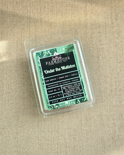 Under the Mistletoe by Farmhouse Charm Candles wax melt package on a beige surface