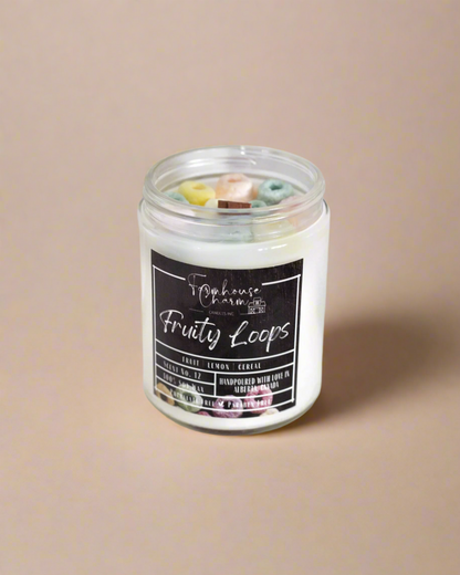 Farmhouse Charm Candles. Take a trip down memory lane with our best-selling candle! Packed with juicy citrus, sweet berries, and a zing of lemon, this fun and fruity scent smells just like your favorite Saturday morning cereal. Light it up and let the nostalgic aroma whisk you back to simpler, sweeter times.

"One whiff of this candle, and you're back to those carefree childhood days!"

🍊Handcrafted with colorful cereal-shaped wax embeds, this playful candle brings a touch of childhood charm.
