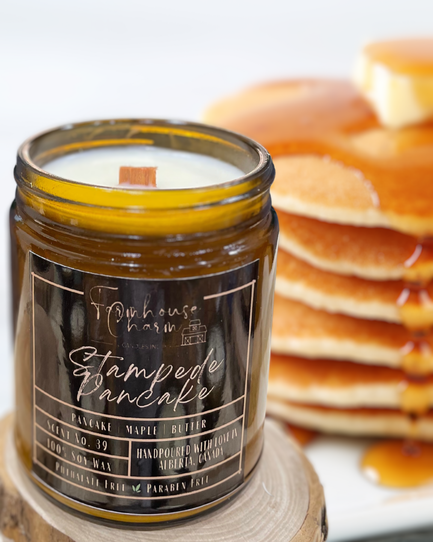 The Stampede Pancake - Farmhouse Charm Soy Candle is back by popular demand! Our customers couldn't get enough of this Calgary Stampede-inspired candle from last year. The warm buttery pancake scent is perfectly complemented with the sweet aroma of maple syrup, creating a delicious fragrance that will make your home smell like a classic breakfast. It's the perfect candle to celebrate the Stampede and create a warm, welcoming ambiance in your home. www.farmhousecharmcandles.com
