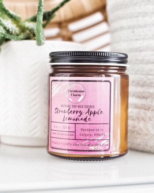 Bring the refreshing scents of summer into your home with Strawberry Apple Lemonade - Farmhouse Charm Soy Candle. The perfect combination of sweet and citrus, this candle blends together the flavors of refreshing lemon, sun-kissed lime, juicy apples, and sweet strawberries. Experience the perfect balance of fruits and citrus enjoy the summery vibes all year round. www.farmhousecharmcandles.com