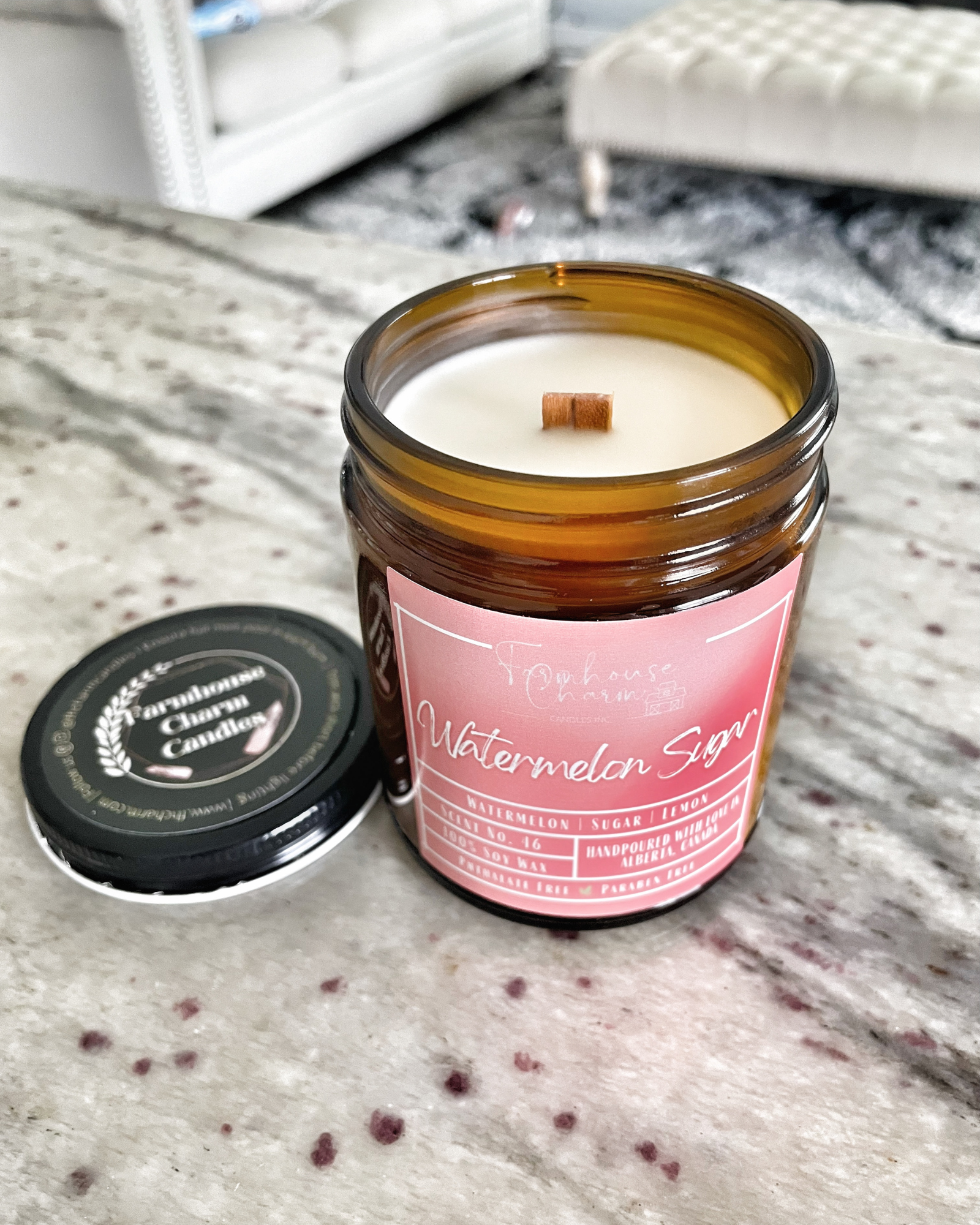 Elevate Your Summer Mood with Watermelon Sugar - Farmhouse Charm Soy Candle.  Bring the summer season into your home with our Watermelon Sugar - Farmhouse Charm Soy Candle! Infused with refreshing and bright scent of watermelon, spring water, and lemon, this candle will add a touch of summer to your living space. www.farmhousecharmcandles.com