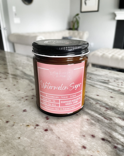 Elevate Your Summer Mood with Watermelon Sugar - Farmhouse Charm Soy Candle.  Bring the summer season into your home with our Watermelon Sugar - Farmhouse Charm Soy Candle! Infused with refreshing and bright scent of watermelon, spring water, and lemon, this candle will add a touch of summer to your living space. www.farmhousecharmcandles.com