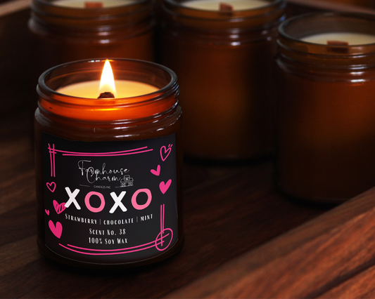 The name says it all! XOXO- Farmhouse Charm Soy Candle will fill your the air with warm hugs and sweet kisses. For a limited time, enjoy the chocolatey aroma of dark chocolate mix with strawberry and peppermint.   size: 8 oz (227 g)  The candle is hand poured with love in Alberta, Canada. It has an approximate burn time of 50 hours.