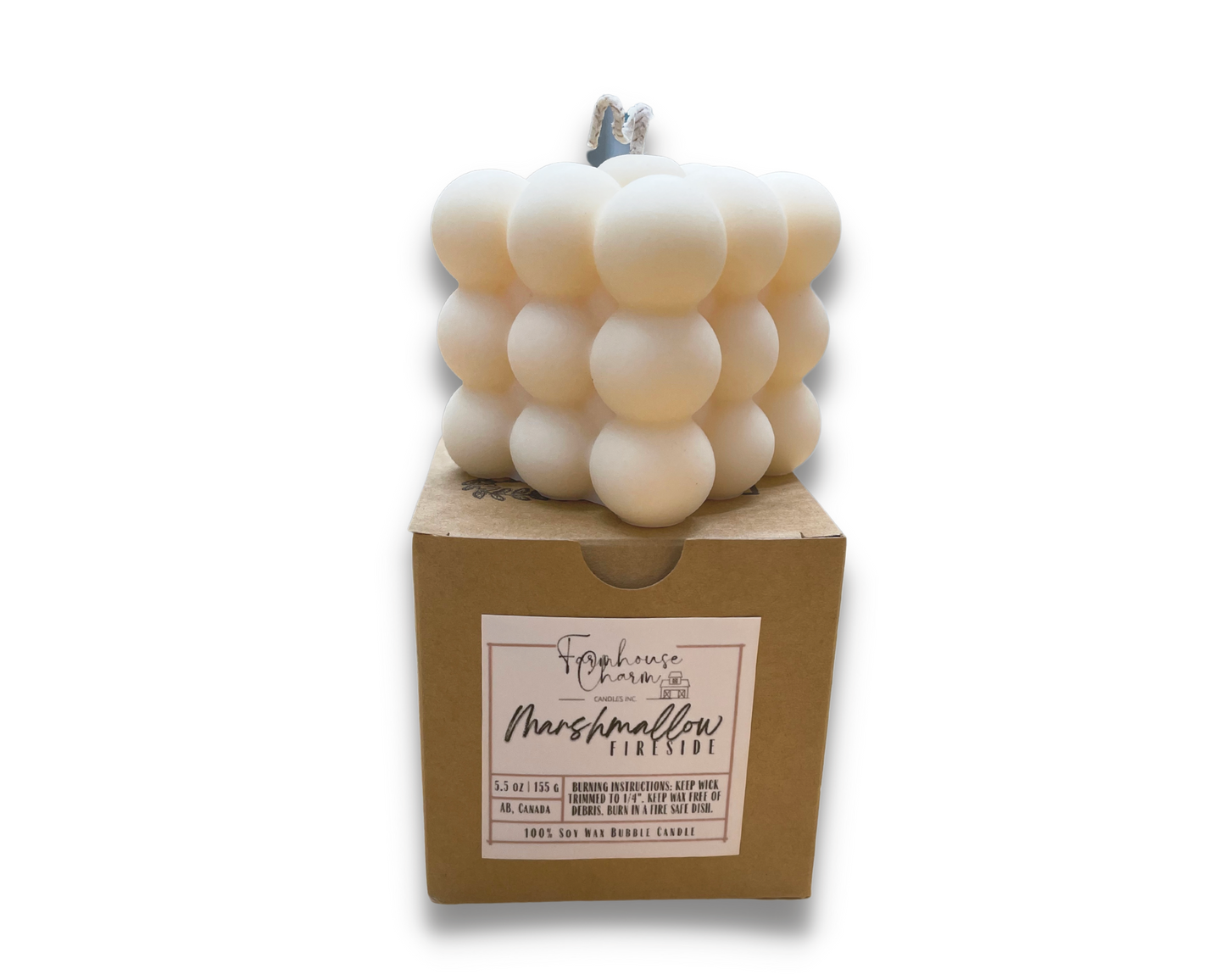 This is one of our signature blend. Marshmallow Fireside Bubble Soy Candle-Farmhouse Charm is a perfect combination of sweet and creamy marshmallow and oak fire.   Marshmallow Fireside Bubble Soy Candle-Farmhouse Charm is made with 100% natural soy wax which is biodegradable and sustainable. This candle uses cotton wick. Fragrance is guaranteed to be paraben free and phthalate free. It is dye free which gives it pure white color