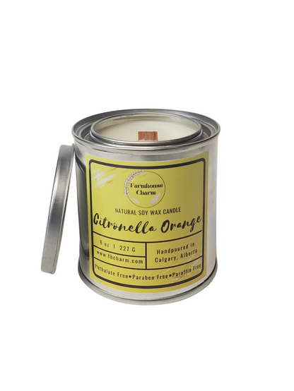 Keep the mosquitos away with this outdoor Citronella Orange- Farmhouse Charm Natural Soy Candle. Its a blend of citrusy orange and bug repellant citronella.   size: 8 oz. (227 g)  Citronella Orange- Farmhouse Charm Natural Soy Candle is made with 100% natural soy wax.  The candle is dye free, paraben free and phthalate free. No other additives added. 