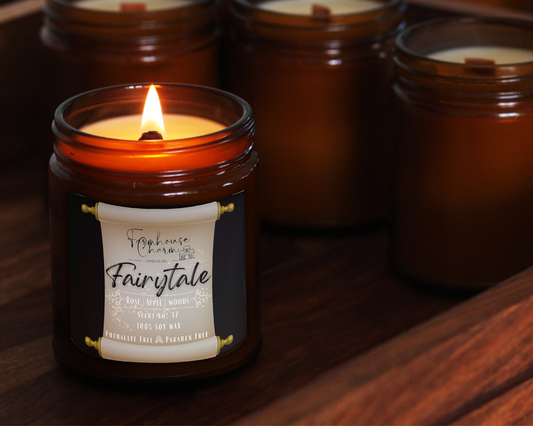 Fairytale- Farmhouse Charm Soy Candle brings out a tale as old as time. A timeless scent of delicate roses mix with sweet red apples and hint of woody tone will fill the air with magic and love.  size: 8 oz (227 g)  The candle is hand poured with love in Alberta, Canada. It has an approximate burn time of 50 hours.