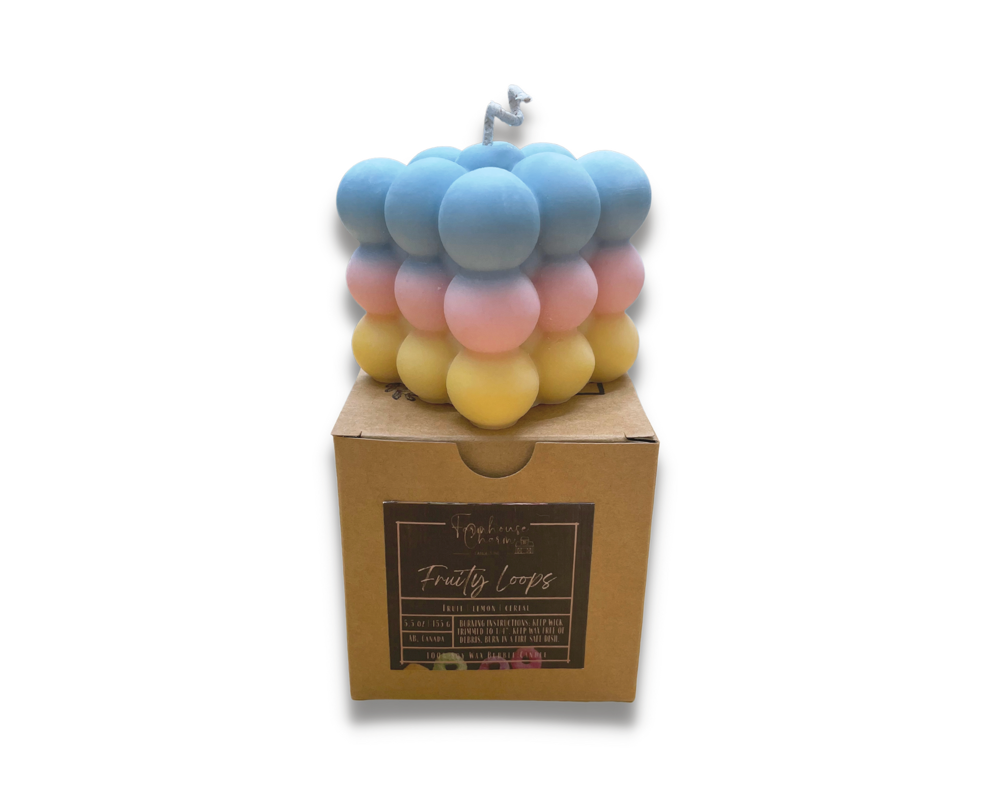 Cherish your inner child in you with this fun bestseller Fruity Loops Bubbles Soy Candle- Farmhouse Charm. A perfect blend of fresh bowl of lemon, cake and berries. It has a sweet fruity smell that will remind you of childhood breakfast on a weekend while watching tv.  Fruity Loops Bubbles Soy Candle- Farmhouse Charm is made with 100% natural soy wax which is biodegradable and sustainable. This candle uses cotton wick. Fragrance is guaranteed to be paraben free and phthalate free.