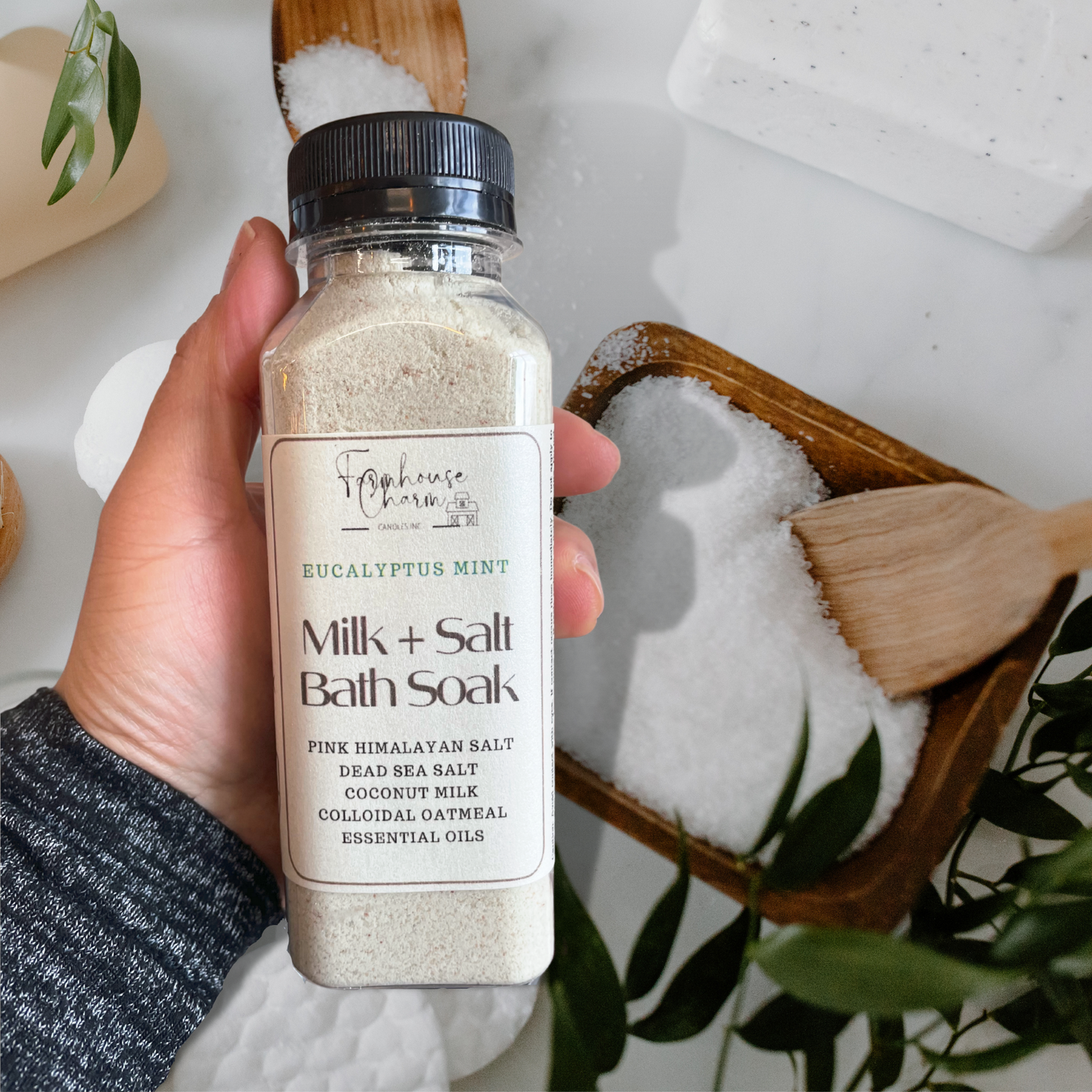 Farmhouse Charm Milk + Salt Bath Soak- Eucalyptus Mint is a  blend of salts, coconut milk and essential oils for a natural and soothing bath experience. It has no artificial colorants and fragrance. Pink Himalayan Salt Dead Sea Salt Colloidal Oatmeal To Use: Add 1/2 cup to bath water. Soak and enjoy!