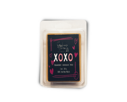 XOXO Soy Wax Melts- Farmhouse Charm fills the air with warm hugs and sweet kisses. For a limited time, enjoy the chocolatey aroma of dark chocolate mix with strawberry and peppermint.   size: 3 oz. (80 g)  XOXO Soy Wax Melts- Farmhouse Charm is hand poured with love in Alberta, Canada. It is made with 100% natural soy wax and premium fragrances that are paraben free and phthalate free fragrance. 