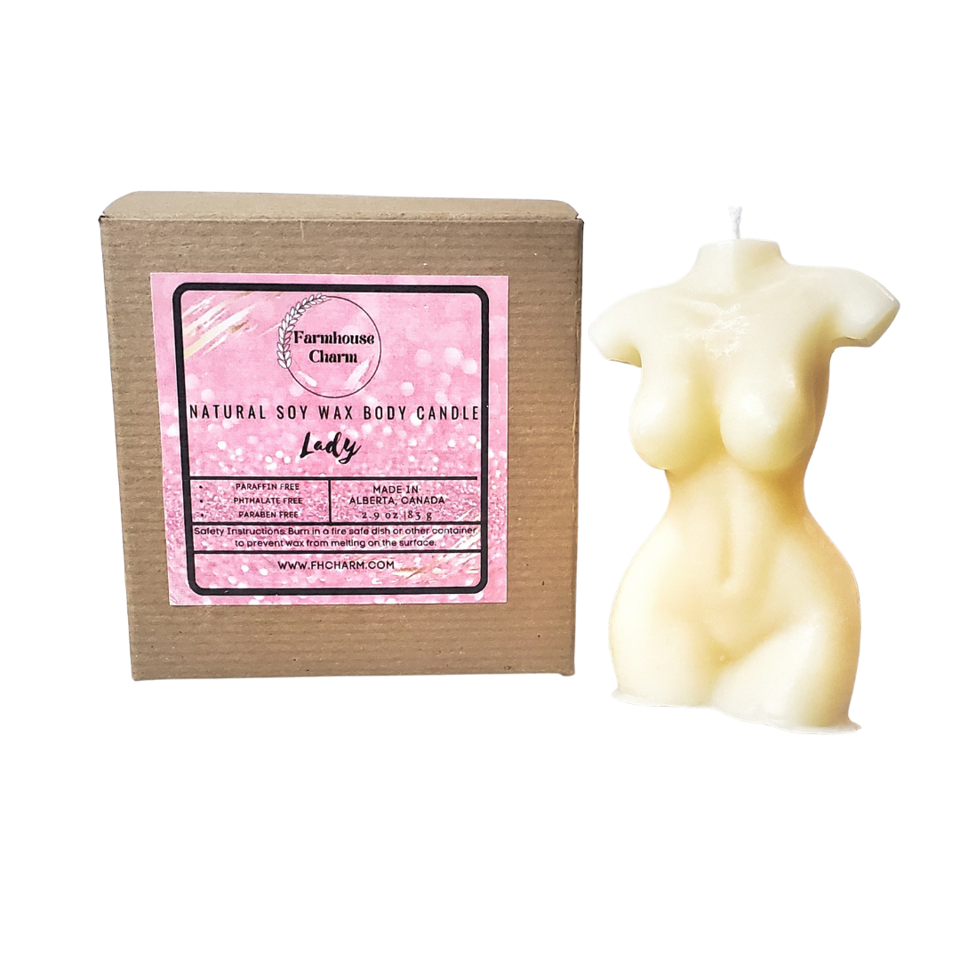 Be your own kind of beautiful with Lady - Farmhouse Charm Natural Soy Wax Body Candle. It is a blend of sweet strawberries and fresh florals with a hint of cashmere and musk.  Lady - Farmhouse Charm Natural Soy Wax Body Candle is made with 100% natural soy wax.  It is biodegradable and from a sustainable source. The candle is dye free, paraben free and phthalate free. No other additives added. It has cotton wick for optimum burn.