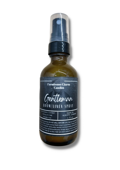 Fill your home or your man cave with Gentleman Room and Linen Spray- Farmhouse Charm. It is a blend of dark oak, bergamot with a hint of bourbon. One of a classic unisex scent!  Gentleman Room and Linen Spray- Farmhouse Charm  Net Weight: 2 oz No Alcohol Content Phthalate Free Paraben Free