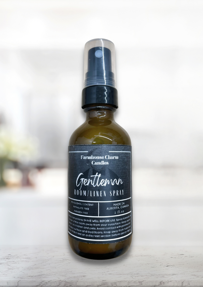 Fill your home or your man cave with Gentleman Room and Linen Spray- Farmhouse Charm. It is a blend of dark oak, bergamot with a hint of bourbon. One of a classic unisex scent!  Gentleman Room and Linen Spray- Farmhouse Charm  Net Weight: 2 oz No Alcohol Content Phthalate Free Paraben Free
