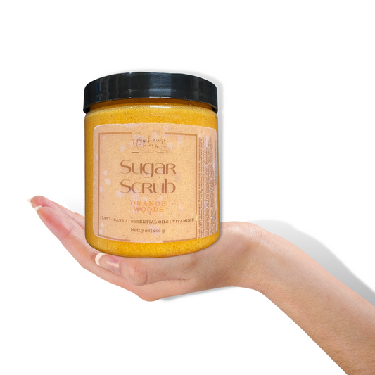 Farmhouse Charm Sugar Scrub- Orange Woods is a skincare product made with natural & plant-based ingredients, such as Sugar | Avocado Oil | Cocoa Butter | Essential Oils | Vitamin E Oil that are used to exfoliate and moisturize the skin. It helps to remove dead skin cells and promote healthy, glowing skin. It does not contain any artificial colorants and fragrance.
