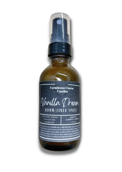 Vanilla Dream Room and Linen Spray- Farmhouse Charm  is a blend of rich and creamy nuances of vanilla bean with a hint of floral notes of geranium.   Vanilla Dream Room and Linen Spray- Farmhouse Charm  Net Weight: 2 oz No Alcohol Content Phthalate Free Paraben Free