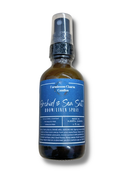 Orchid & Sea Salt Room and Linen Spray- Farmhouse Charm is a blend of soft florals of orchid with a touch of jasmine and lily. It has a crisp aquatic highlights of sea salt mist that elevates the smooth and elegant aroma. It is truly an invigorating scent!