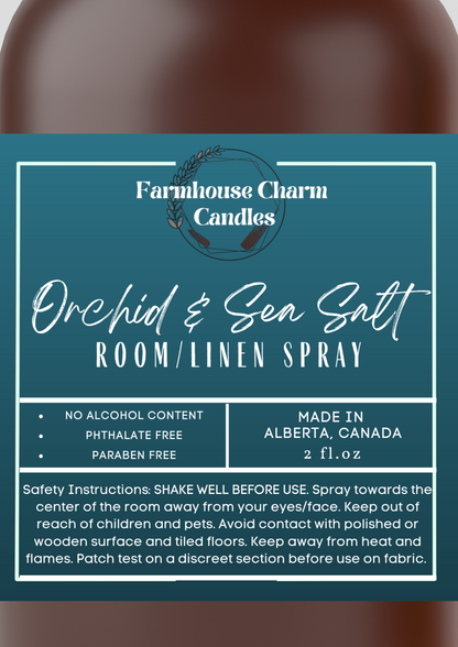 Orchid & Sea Salt Room and Linen Spray- Farmhouse Charm is a blend of soft florals of orchid with a touch of jasmine and lily. It has a crisp aquatic highlights of sea salt mist that elevates the smooth and elegant aroma. It is truly an invigorating scent!