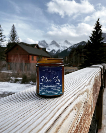Blue Sky - Farmhouse Charm Soy Candle has a delightful blend of floral, coconut, and sandalwood scents that will fill your home with a calming atmosphere. Floral notes of fresh flowers and green botanicals create a soothing and inviting atmosphere, while the coconut and sandalwood create a warm and comforting ambience. Together, these  scents combine to create an atmosphere that evoke the feeling of a bright and sunny spring day!www.farmhousecharmcandles.com