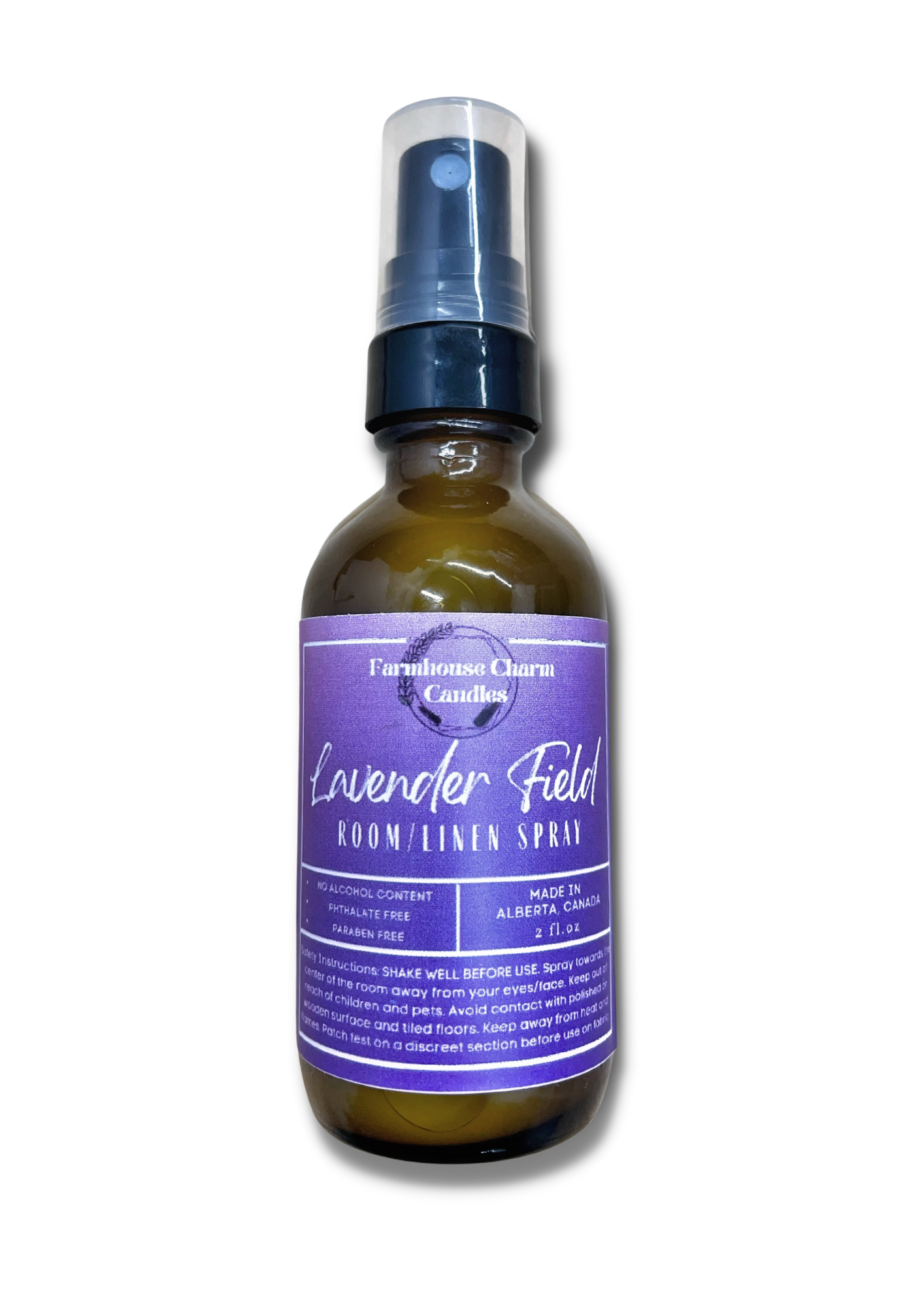 Lavender Field Room and Linen Spray- Farmhouse Charm is the latest blend of classic Lavender. The blend has a deep floral tone of French lavender.  It has an undertone of amber, Egyptian musk and tonka bean which add warmth and richness to this floral bouquet.  Lavender Field Room and Linen Spray- Farmhouse Charm  Net Weight: 2 oz No Alcohol Content Phthalate Free Paraben Free