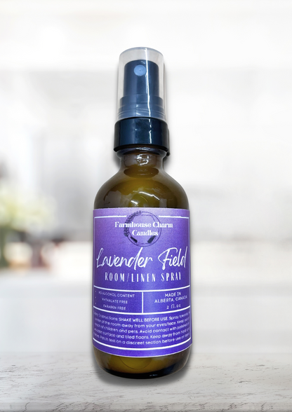 Lavender Field Room and Linen Spray- Farmhouse Charm is the latest blend of classic Lavender. The blend has a deep floral tone of French lavender.  It has an undertone of amber, Egyptian musk and tonka bean which add warmth and richness to this floral bouquet.  Lavender Field Room and Linen Spray- Farmhouse Charm  Net Weight: 2 oz No Alcohol Content Phthalate Free Paraben Free