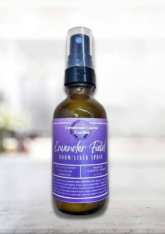 Lavender Field Room and Linen Spray- Farmhouse Charm is the latest blend of classic Lavender. The blend has a deep floral tone of French lavender.  It has an undertone of amber, Egyptian musk and tonka bean which add warmth and richness to this floral bouquet.  Lavender Field Room and Linen Spray- Farmhouse Charm  Net Weight: 2 oz No Alcohol Content Phthalate Free Paraben Free