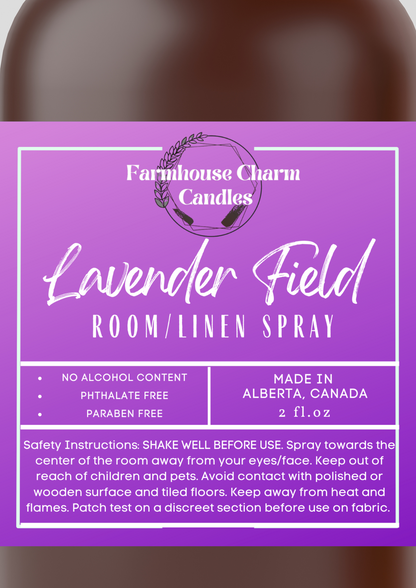 Lavender Field Room and Linen Spray- Farmhouse Charm is the latest blend of classic Lavender. The blend has a deep floral tone of French lavender.  It has an undertone of amber, Egyptian musk and tonka bean which add warmth and richness to this floral bouquet.  Lavender Field Room and Linen Spray- Farmhouse Charm  Net Weight: 2 oz No Alcohol Content Phthalate Free Paraben Free