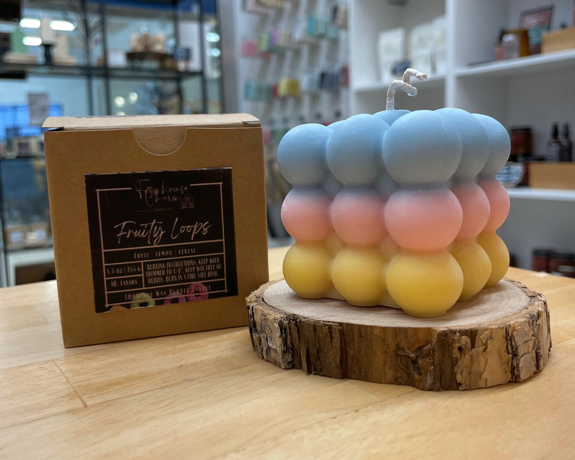Cherish your inner child in you with this fun bestseller Fruity Loops Bubbles Soy Candle- Farmhouse Charm. A perfect blend of fresh bowl of lemon, cake and berries. It has a sweet fruity smell that will remind you of childhood breakfast on a weekend while watching tv.  Fruity Loops Bubbles Soy Candle- Farmhouse Charm is made with 100% natural soy wax which is biodegradable and sustainable. This candle uses cotton wick. Fragrance is guaranteed to be paraben free and phthalate free.