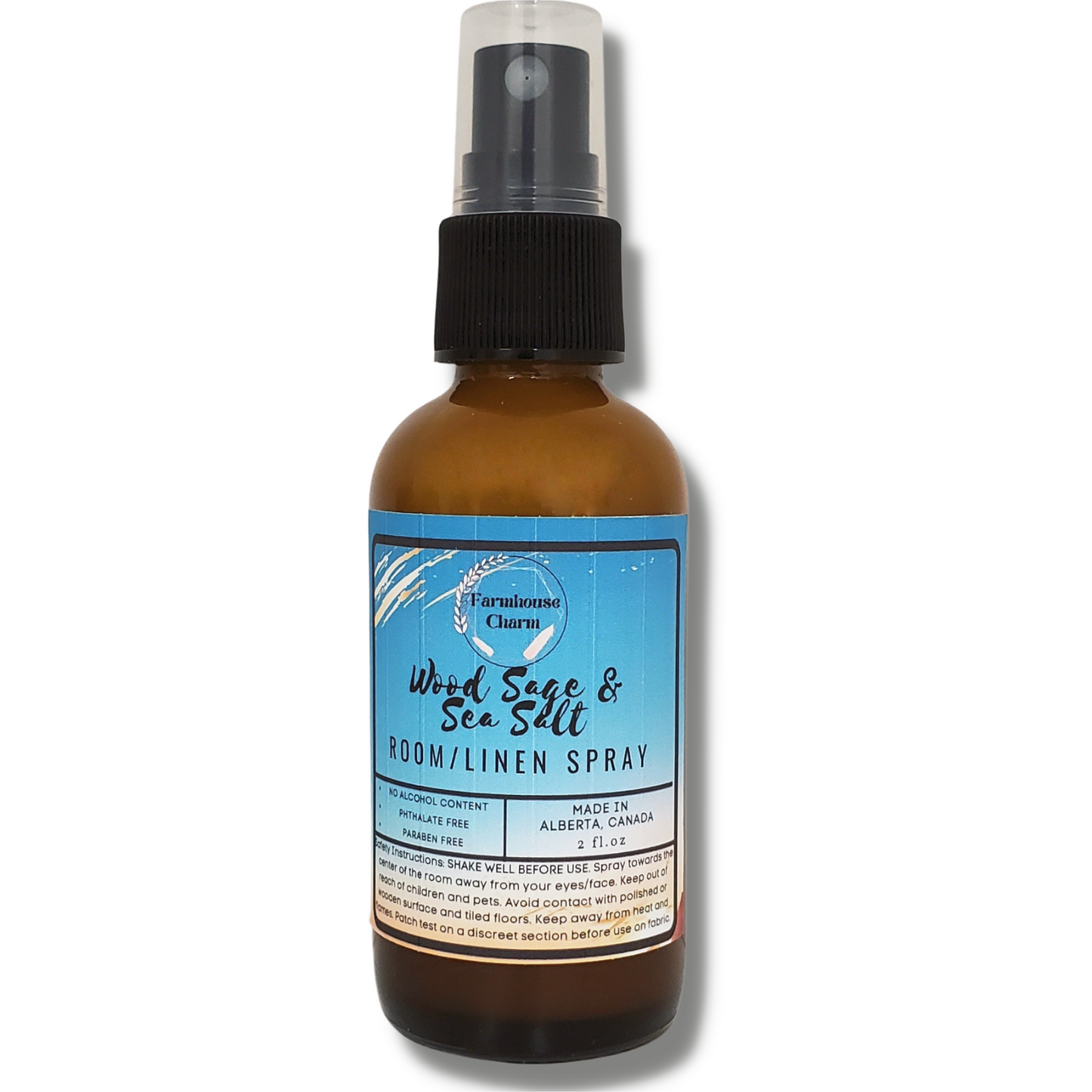 A truly refreshing scent! Wood Sage & Sea Salt Room and Linen Spray- Farmhouse Charm has a top note of soft floral and elegant musk. The scent is then followed by subtle spray of sea salt. The bottom note is sensual woody amber.  Wood Sage & Sea Salt Room and Linen Spray- Farmhouse Charm  Net Weight: 2 oz No Alcohol Content Phthalate Free Paraben Free