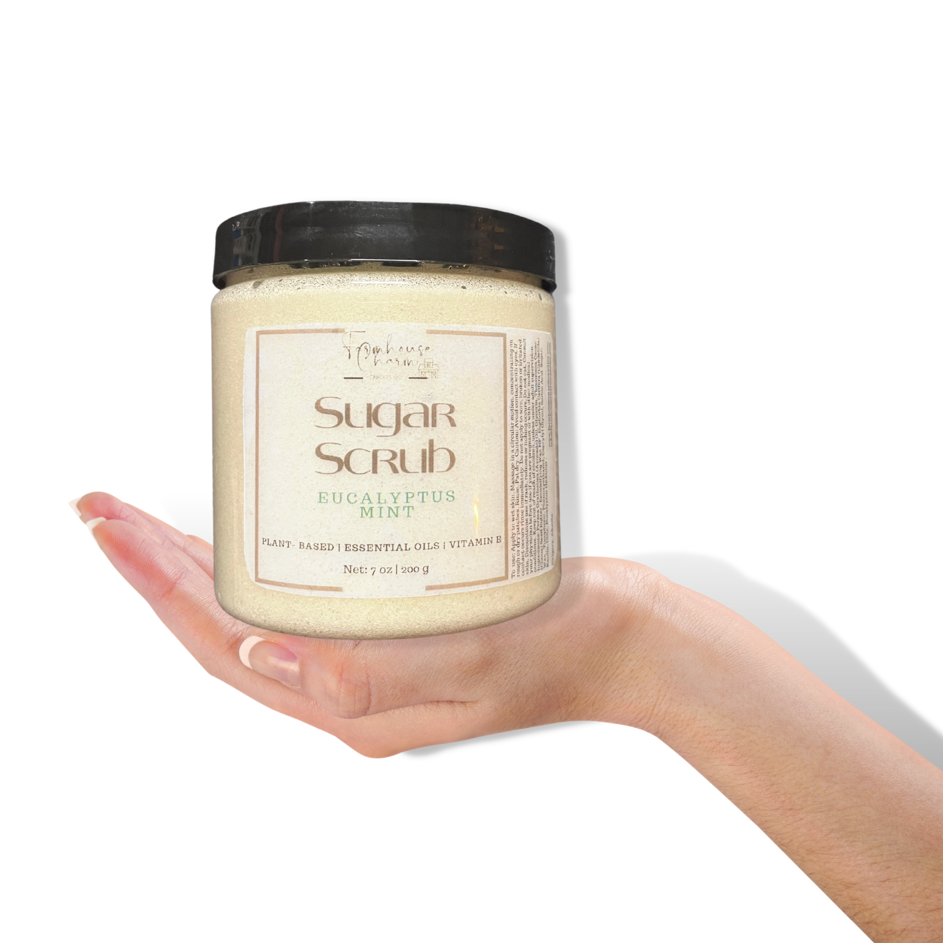 Farmhouse Charm Sugar Scrub- Eucalyptus Mint is a skincare product made with natural & plant-based ingredients, such as Sugar | Avocado Oil | Cocoa Butter | Essential Oils | Vitamin E Oil that are used to exfoliate and moisturize the skin. It helps to remove dead skin cells and promote healthy, glowing skin. It does not contain any artificial colorants and fragrance.