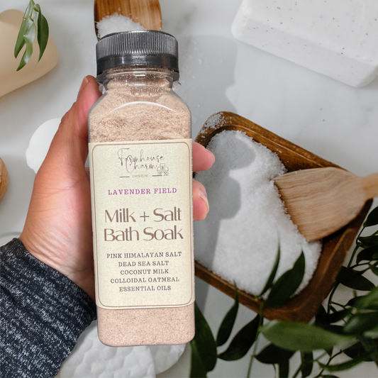 Farmhouse Charm Milk + Salt Bath Soak- Lavender Field is a blend of salts, coconut milk and essential oils for a natural and soothing bath experience. It has no artificial colorants and fragrance. Pink Himalayan Salt Dead Sea Salt Colloidal Oatmeal To Use: Add 1/2 cup to bath water. Soak and enjoy!